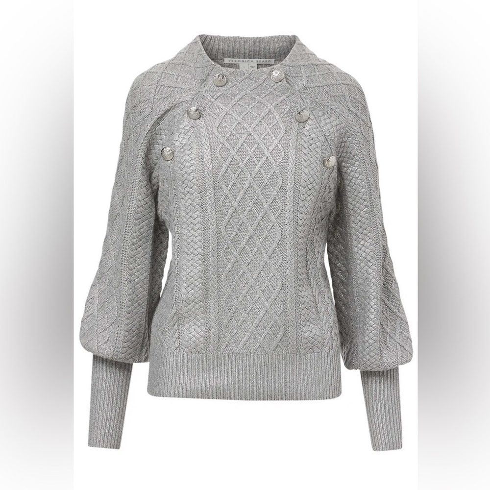 Veronica Beard Silver Cable Knit Turtleneck Sweater